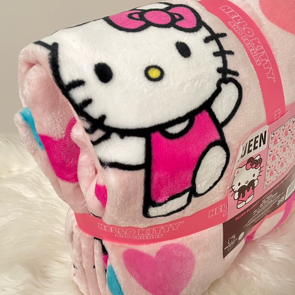 Hello Kitty Pink White Plush Throw Blanket with Hearts